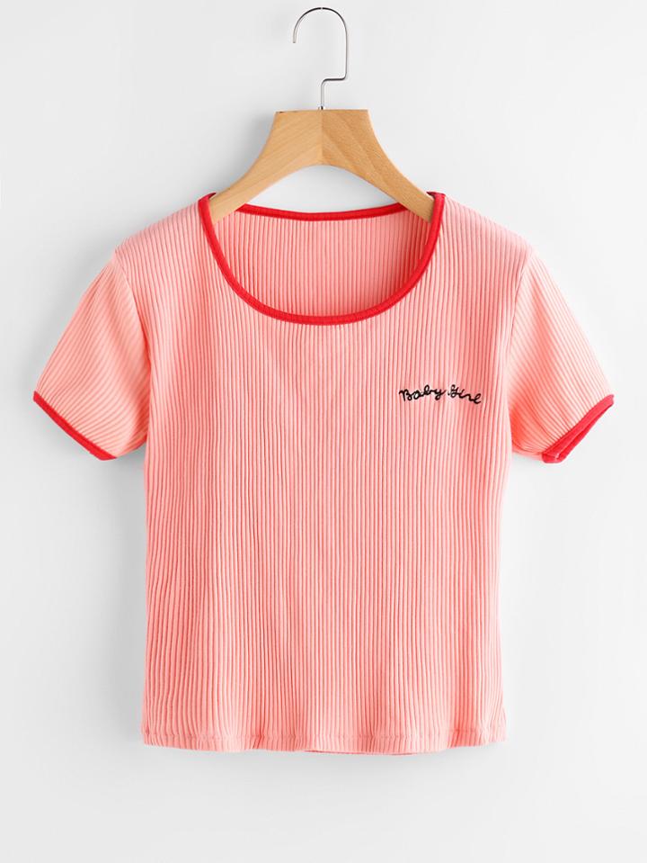 Romwe Letter Embroidered Ringer Ribbed Tee