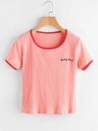 Romwe Letter Embroidered Ringer Ribbed Tee