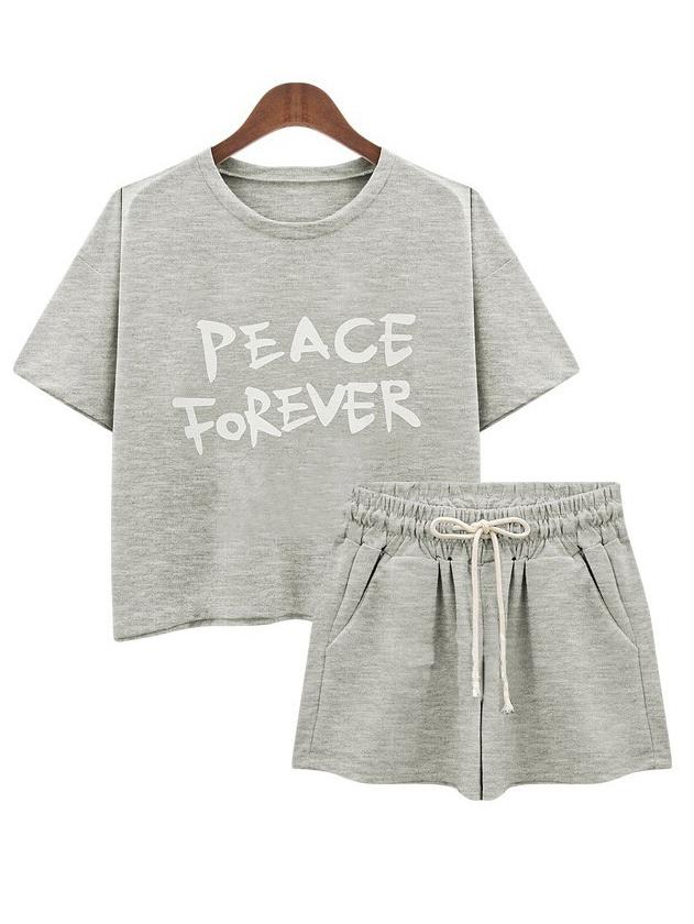 Romwe Letter Print T-shirt With Shorts - Grey