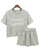Romwe Letter Print T-shirt With Shorts - Grey