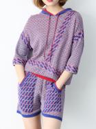 Romwe Purple Hooded Knit Top With Pockets Shorts