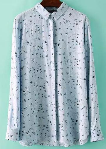 Romwe Blue Lapel Long Sleeve Floral Blouse