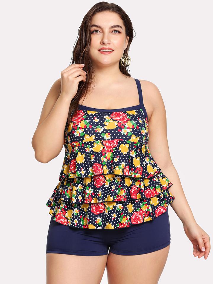 Romwe Flower & Dot Layered Tankini Set
