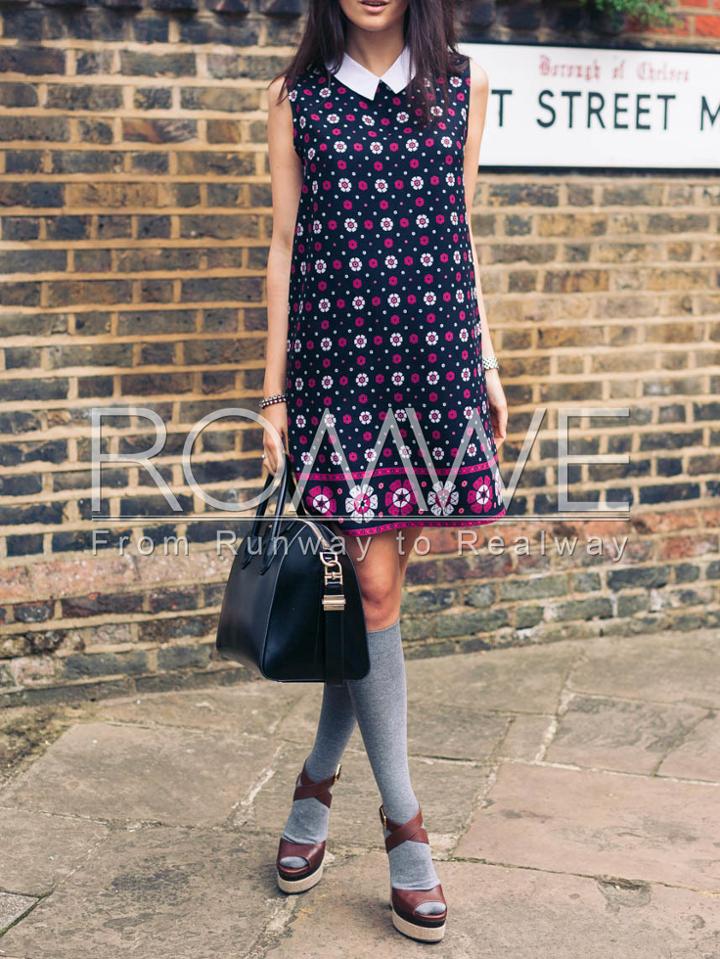 Romwe Navy Peter Pan Collar Floral Dress