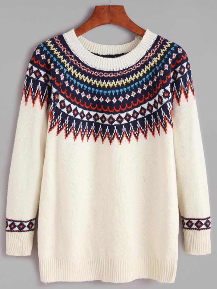 Romwe Beige Raglan Sleeve Fair Isle Sweater