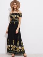 Romwe Bardot Floral Print Drawstring Front Shirred Long Dress
