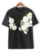Romwe Black Round Neck Flower Embroidery T-shirt