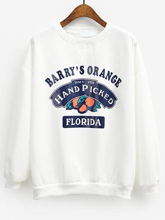 Romwe Orange Print Loose White Sweatshirt