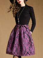 Romwe Black Round Neck Long Sleeve Knit Jacquard Drawstring Pockets Dress
