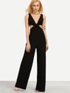 Romwe V-neck Twist Front Cutout Sleeveless Jumpsuit - Black