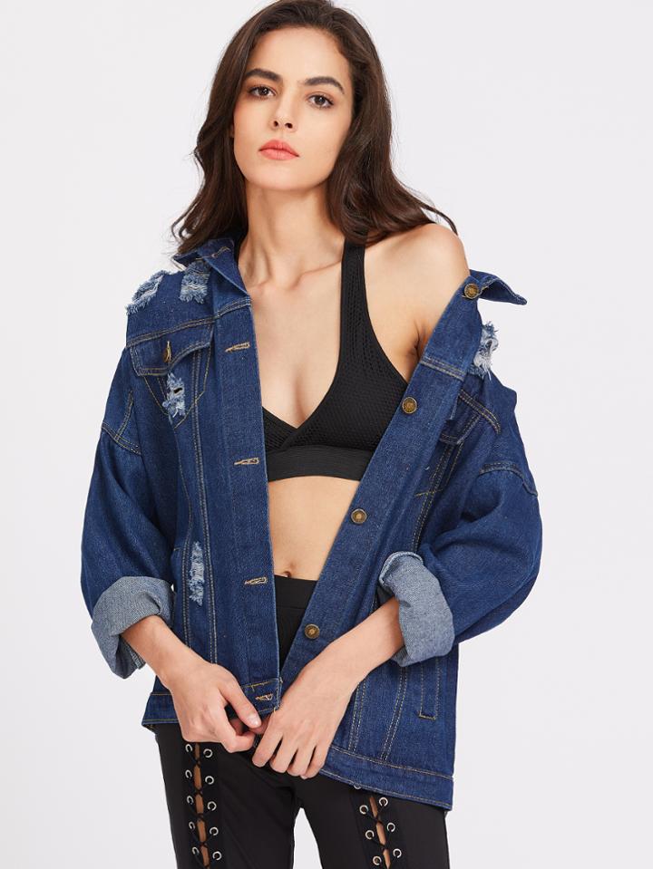 Romwe Drop Shoulder Ripped Boyfriend Denim Jacket