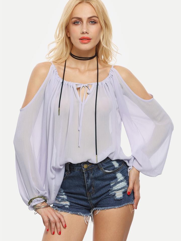 Romwe Purple Tie Neck Cold Shoulder Chiffon Blouse