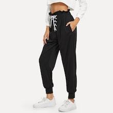 Romwe Ruffle Trim Lace Up Front Pants
