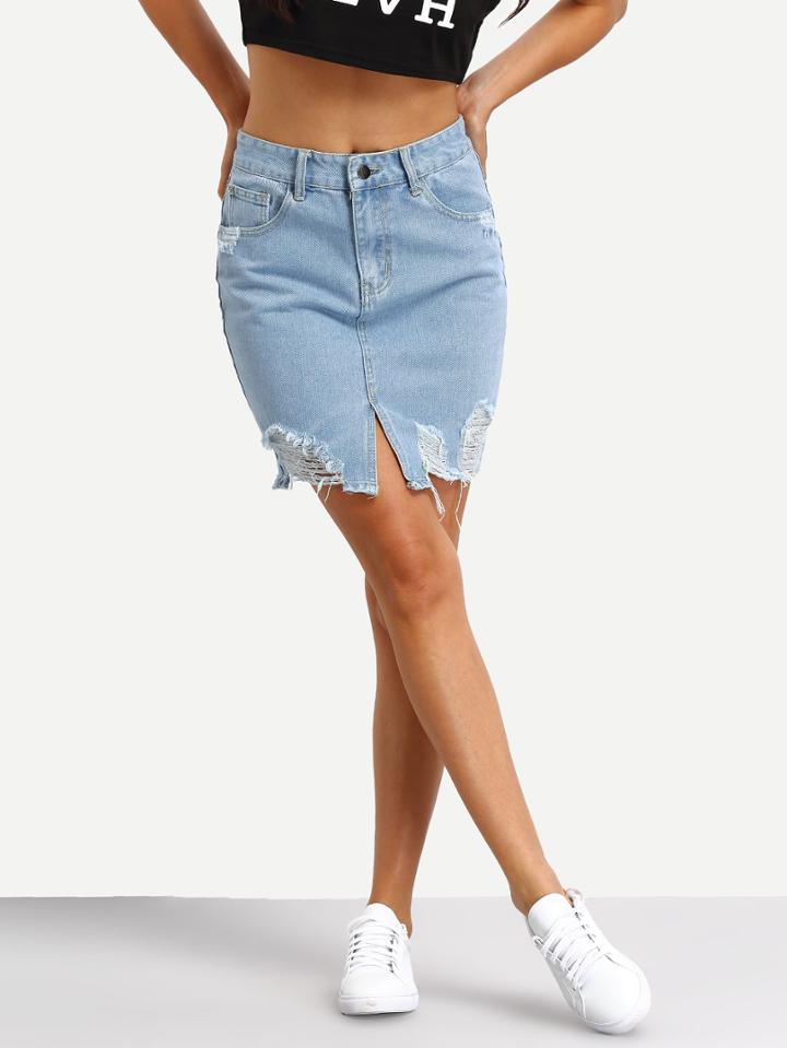 Romwe Distressed Front Slit Denim Skirt