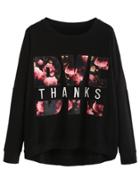 Romwe Black Drop Shoulder High Low Letter Embroidered Sweatshirt