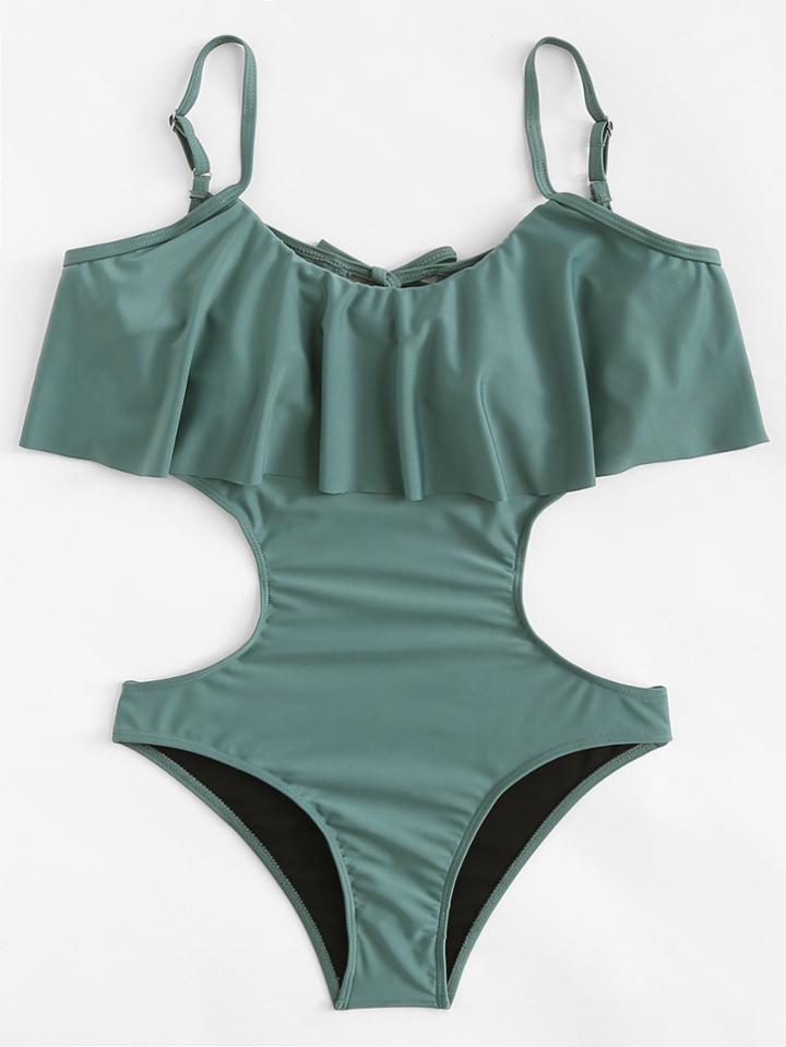 Romwe Open Back Flounce Swimsuit