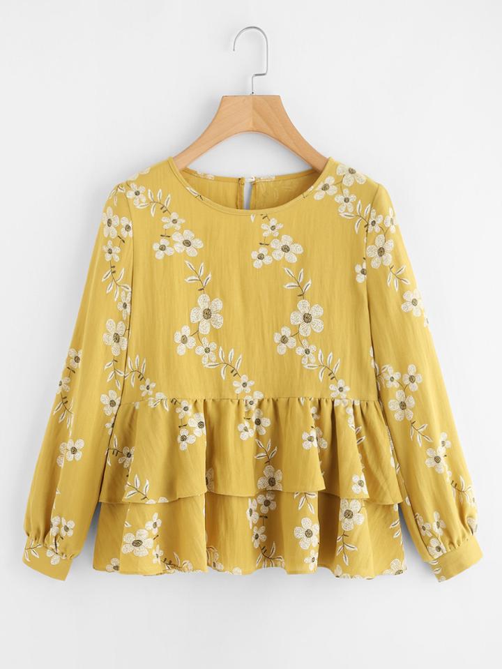 Romwe Floral Print Tiered Ruffle Hem Keyhole Back Top