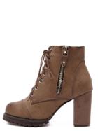 Romwe Brown Lace Up Side Zipper Chunky Heels Ankle Boots