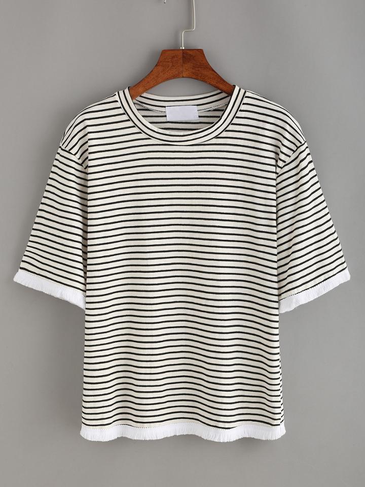 Romwe Black Striped Fringe Trimmed T-shirt