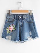 Romwe Embroidery Ripped Frayed Hem Denim Shorts