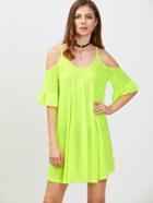 Romwe Neon Green Cold Shoulder Ruffle Cuff Dress