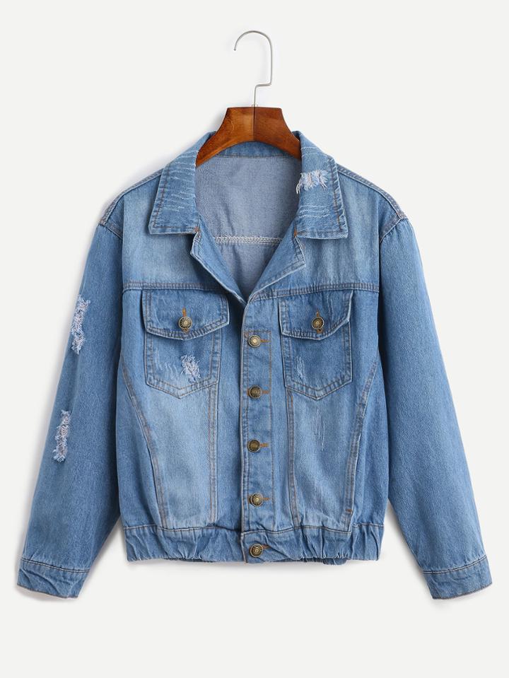 Romwe Blue Ripped Bleached Denim Jacket