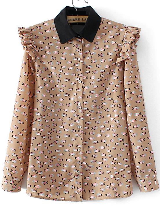Romwe Fish Print Ruffle Khaki Blouse