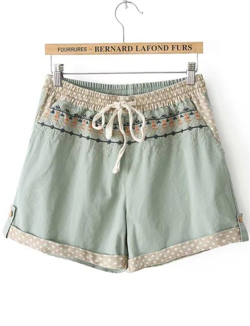 Romwe Drawstring Cuffed Embroidered Polka Dot Green Shorts
