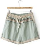 Romwe Drawstring Cuffed Embroidered Polka Dot Green Shorts