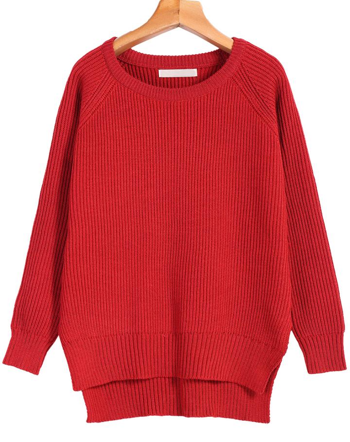 Romwe Dipped Hem Knit Red Sweater