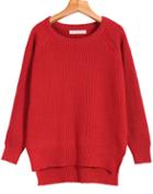 Romwe Dipped Hem Knit Red Sweater