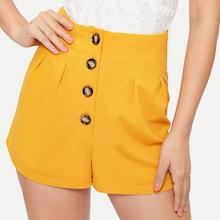 Romwe Button Front High Waist Solid Shorts