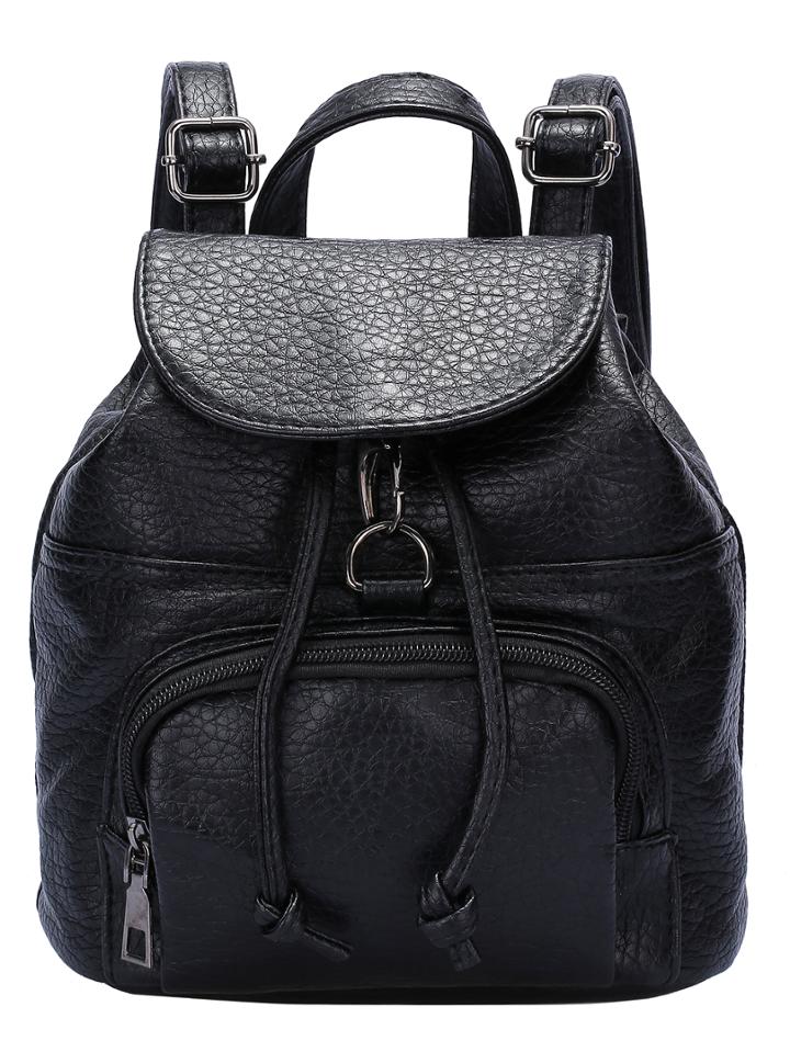 Romwe Black Drawstring Zipper Pu Backpack