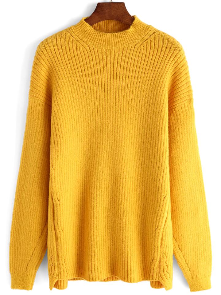 Romwe Mock Neck High Low Yellow Sweater
