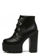 Romwe Black Faux Leather Lace Up Chunky Platform Shoes