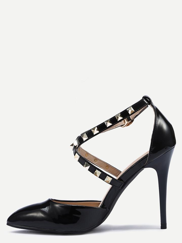 Romwe Black Patent Studded Ankle Strap Pointed Toe Sandals