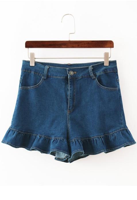 Romwe Peplum Hem Denim Blue Shorts