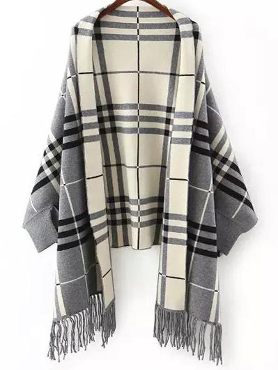 Romwe Plaid Fringe Grey Poncho Sweater