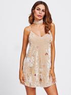 Romwe Embroidery Crushed Velvet Cami Dress With Neck Tie