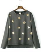 Romwe Grey Star Print Dip Hem Sweatshirt