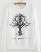 Romwe Tree Print Loose White Sweatshirt