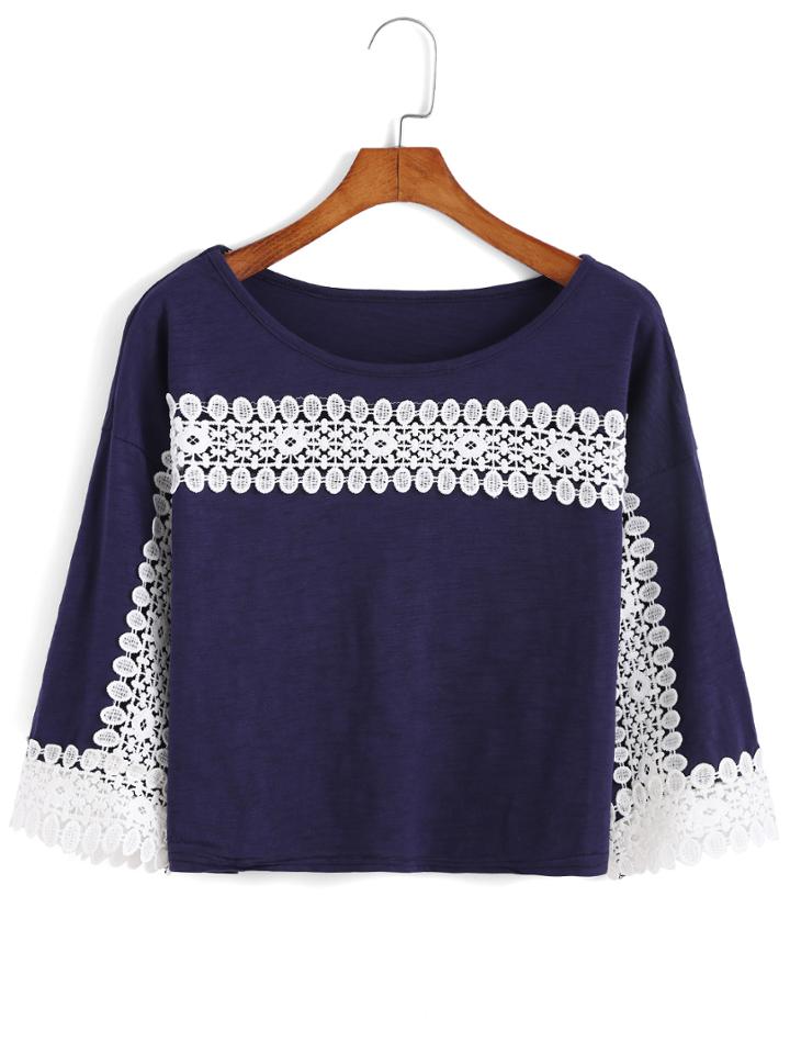 Romwe Contrast Lace Crop Blue T-shirt