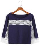 Romwe Contrast Lace Crop Blue T-shirt