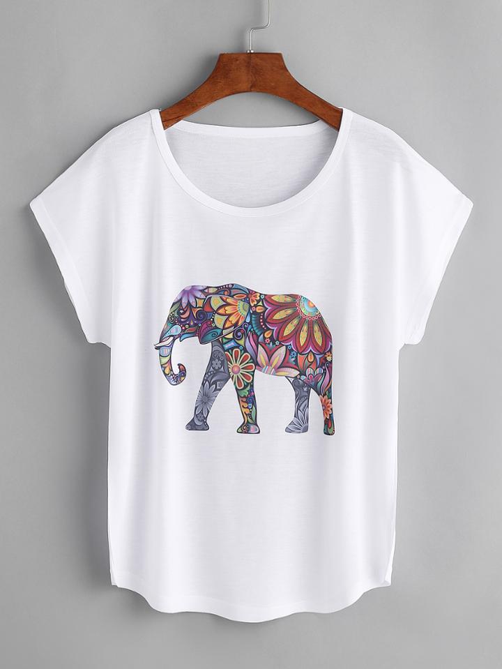 Romwe Elephant Print Dolman Sleeve Tee