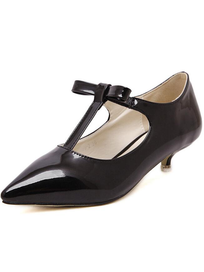Romwe Black Point Toe Bow Low Heeled Pumps
