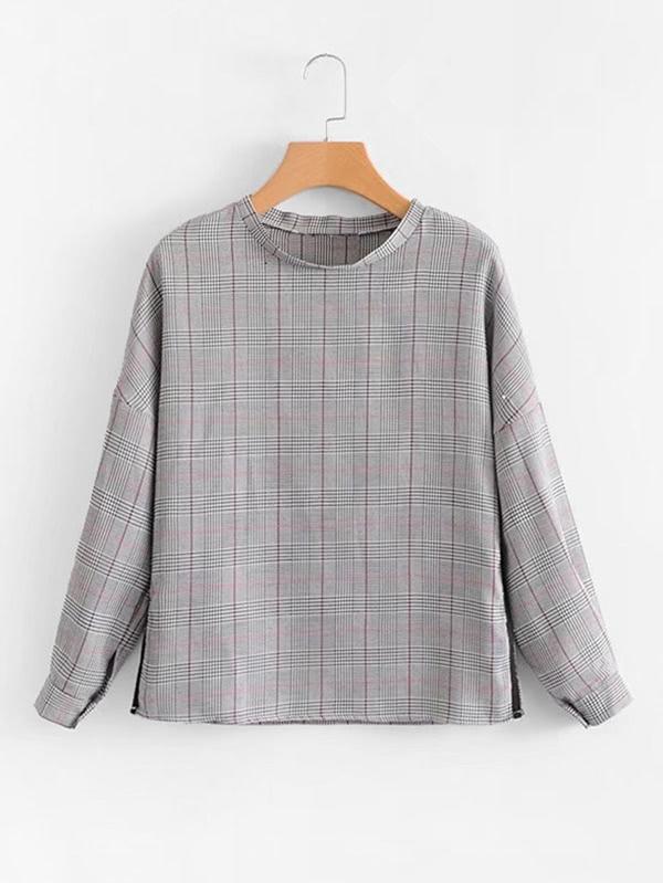 Romwe Mock Neck Glen Plaid Blouse