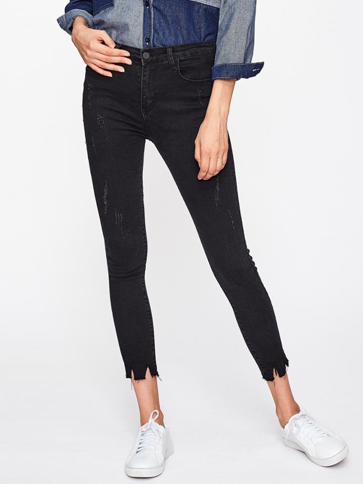 Romwe Frayed Hem Skinny Jeans
