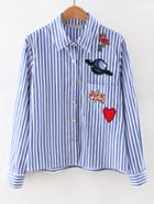 Romwe Blue Long Sleeve Applique Stripe Blouse