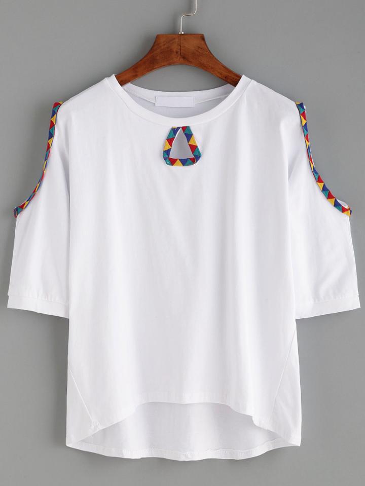 Romwe White Geo Print Tape Trim Open Shoulder T-shirt