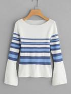 Romwe Bell Sleeve Contrast Striped Knit Sweater